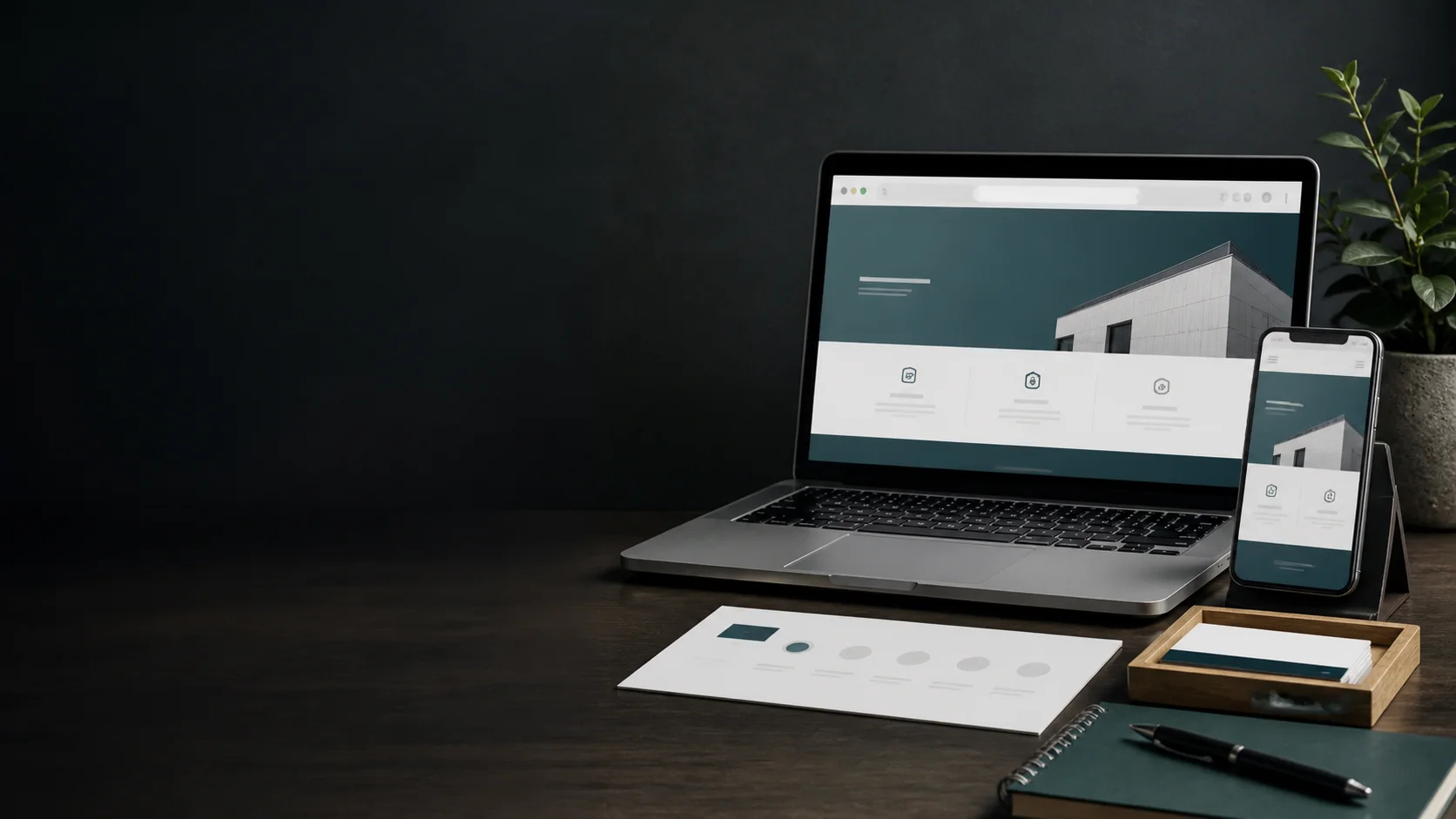 Business website open in a browser on a laptop and phone beside organized domain-planning materials
