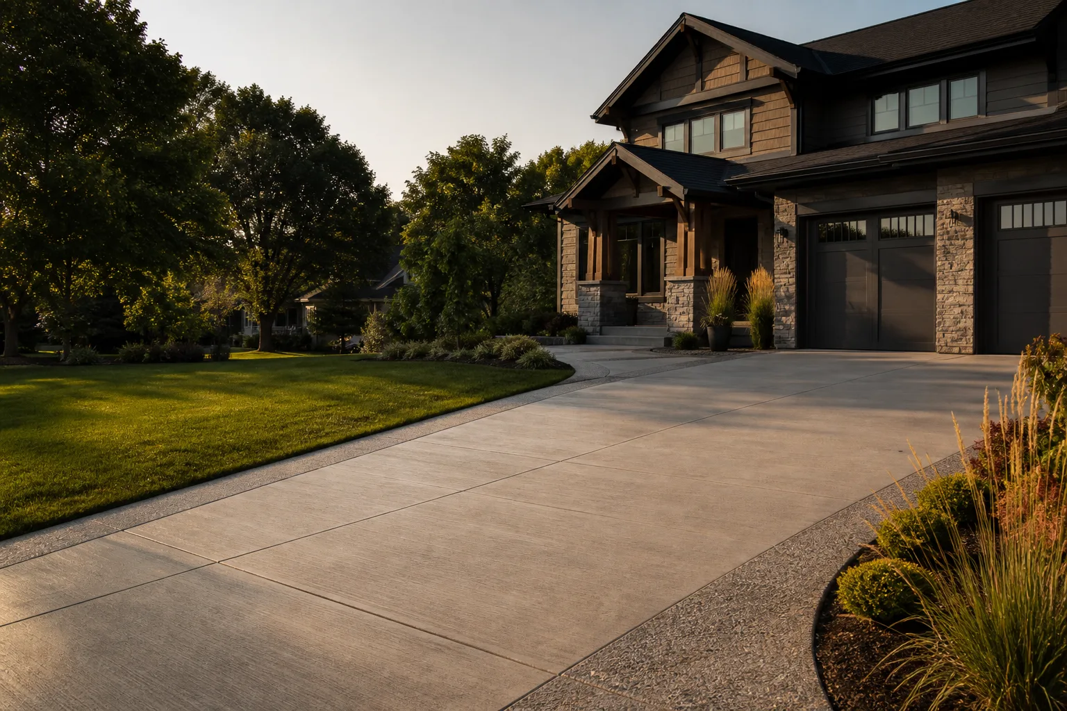 Wide finished concrete driveway at a craftsman home in evening light