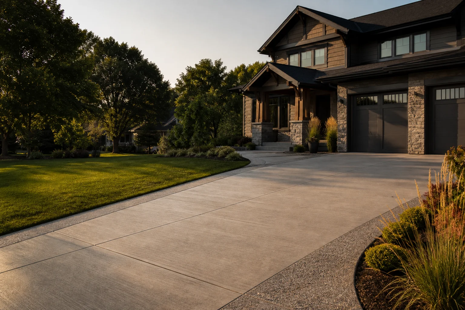 Newly finished concrete driveway at a craftsman home in Omaha