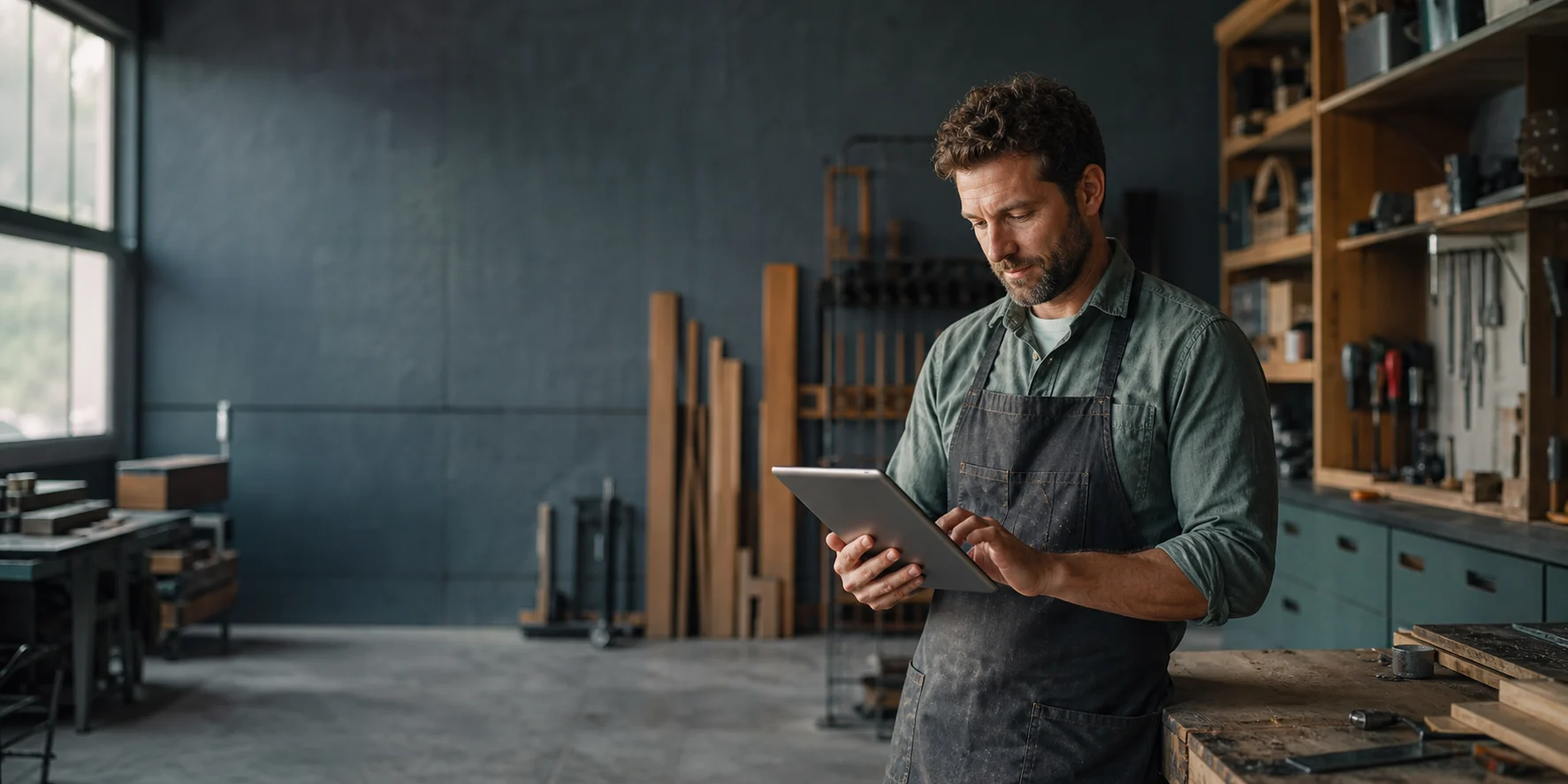 Small-business owner using a tablet in a working shop