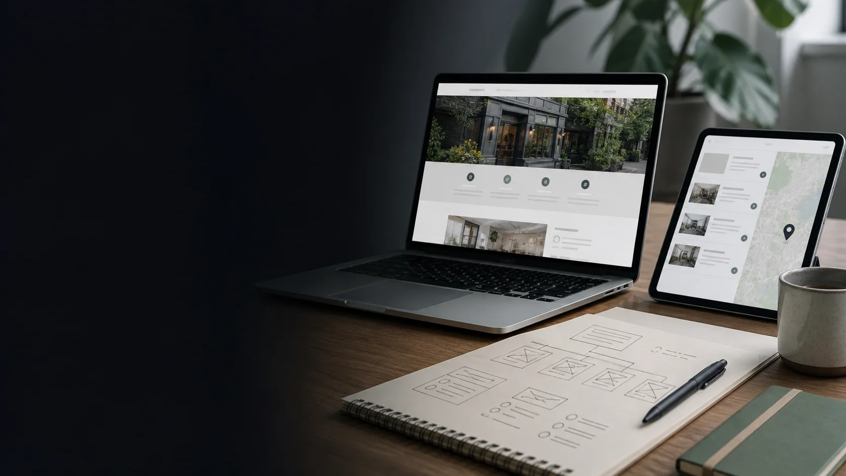 Local business website and map displayed beside a sketched page structure