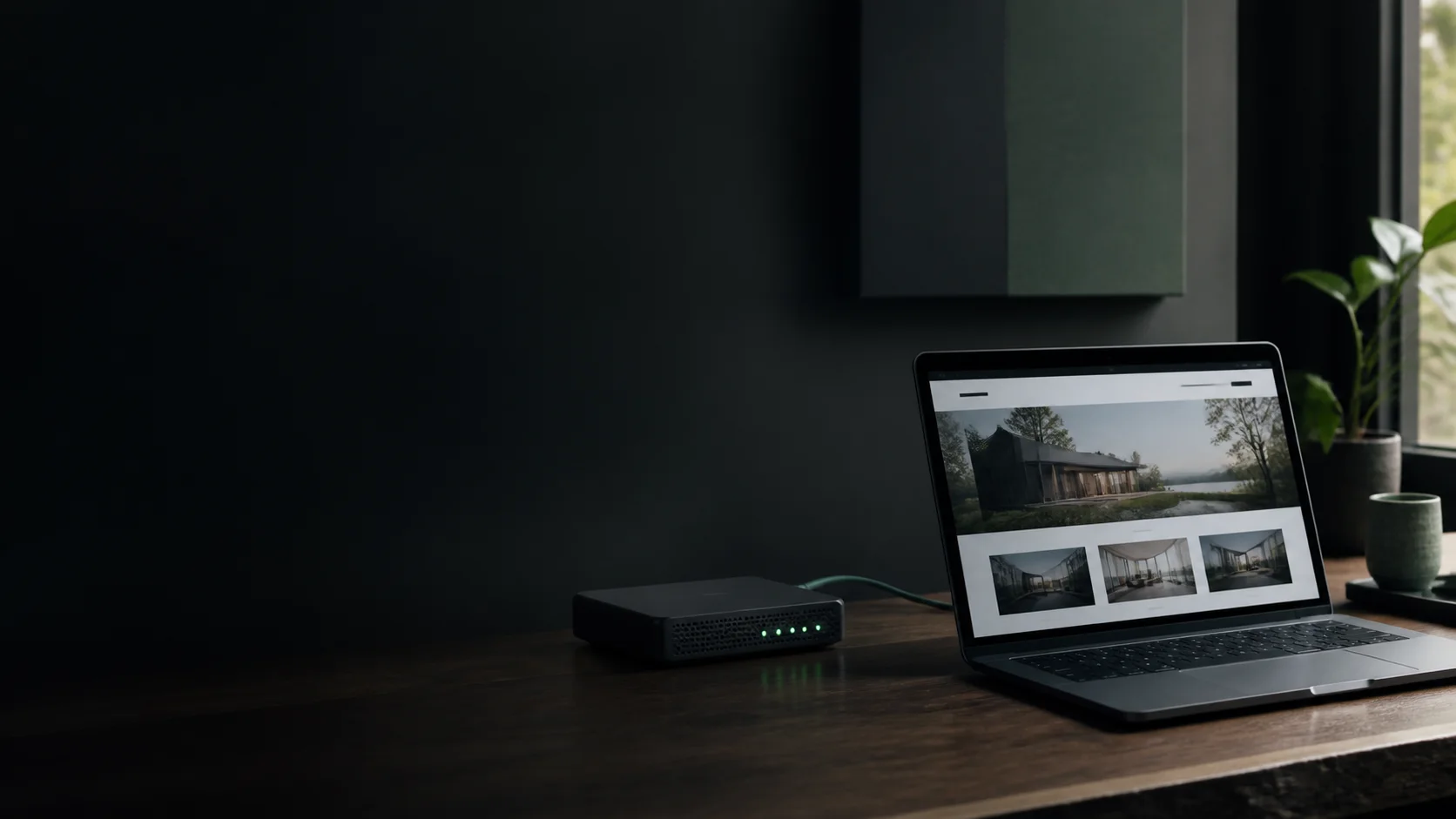 Business website displayed beside a compact network device with green status lights