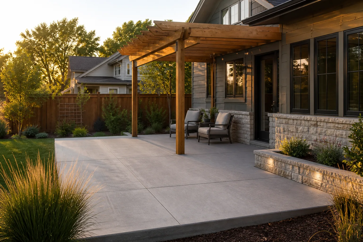 Concrete patio and cedar pergola in a landscaped backyard
