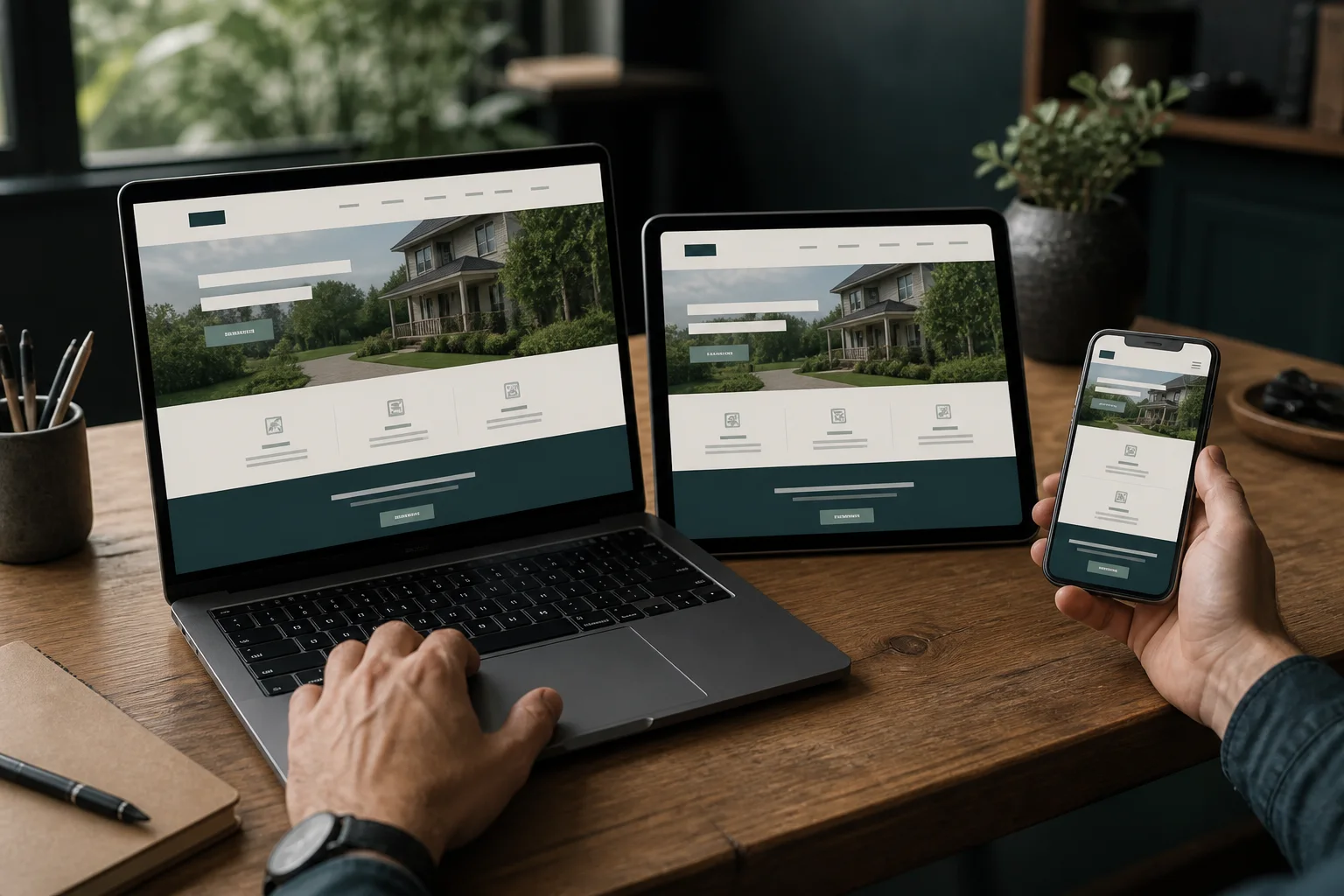 The same local-business website adapted for a laptop, tablet, and smartphone