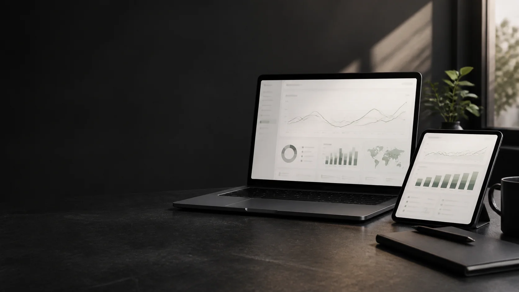 Website analytics charts displayed on a laptop and tablet