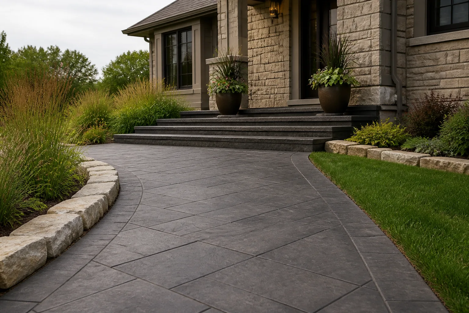Stamped concrete walkway and broad front entry steps