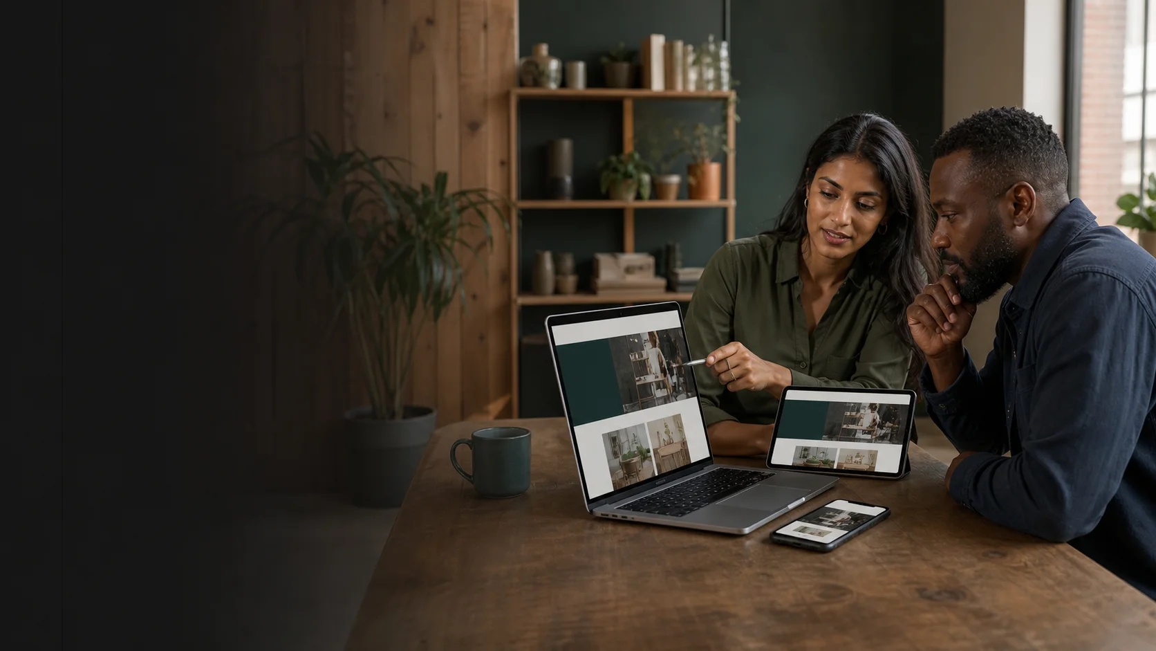 Web designer and small-business owner reviewing a responsive website across a laptop, tablet, and phone