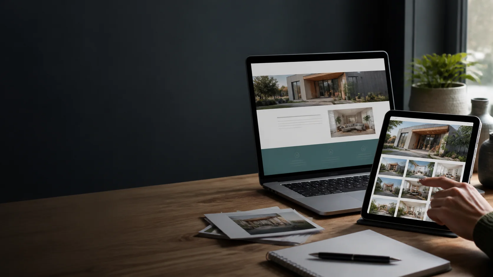 Business website and photo gallery open on a laptop and tablet during a content update